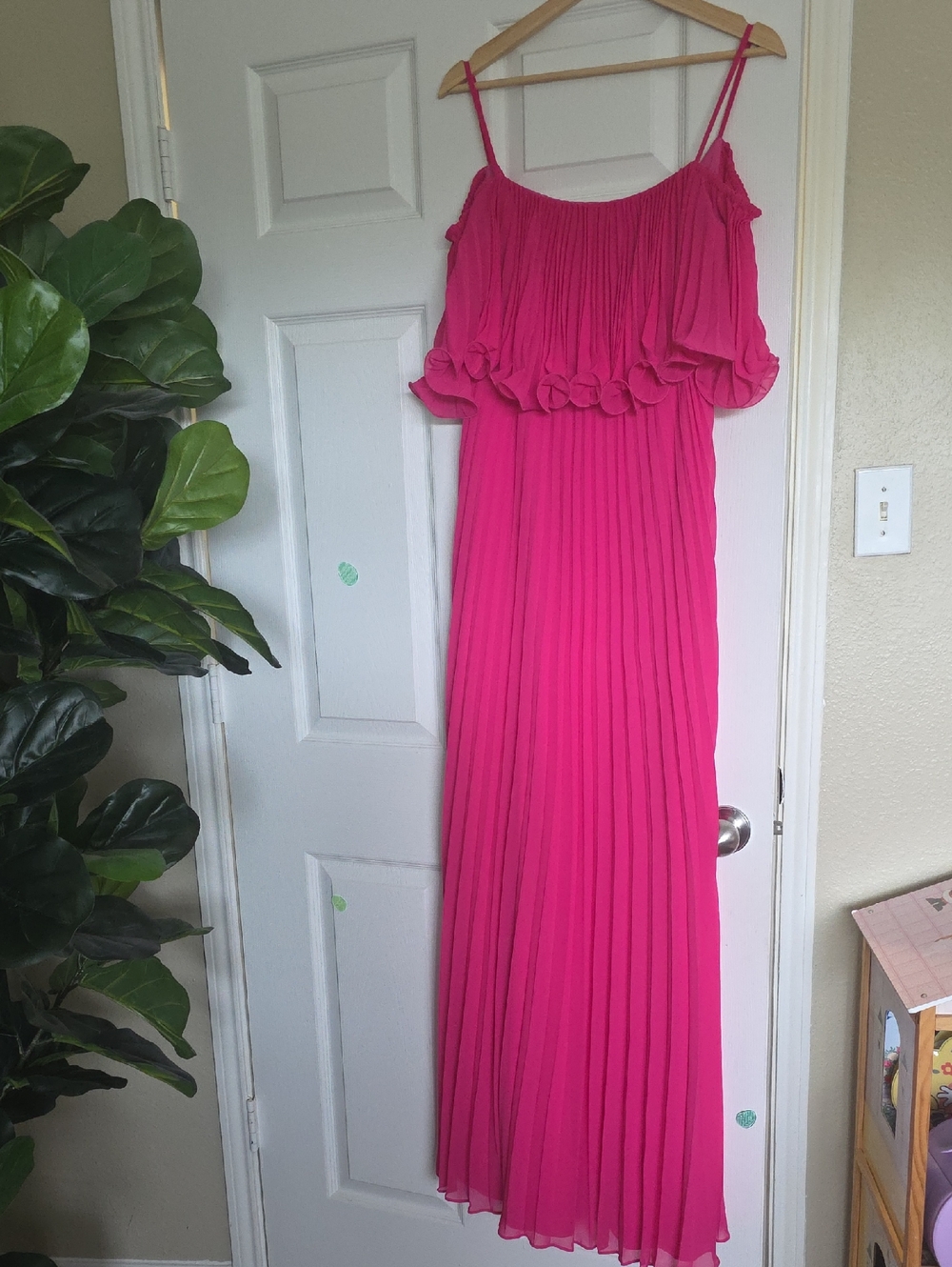 Ungaro Women’s Hot Pink Pleated Maxi Dress with Ruffle Bodice
